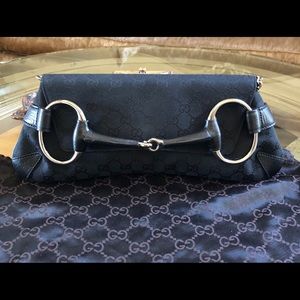 Authentic Gucci Black Monogram Horsebit Clutch